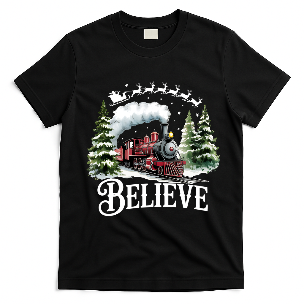 Believe North Pole Train Christmas Festive T-Shirt - Black