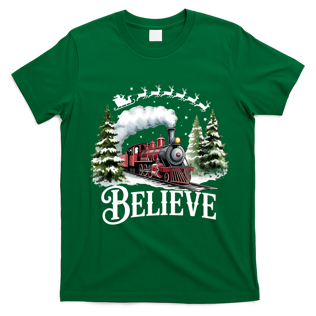 Believe North Pole Train Christmas Festive T-Shirt - Irish Green