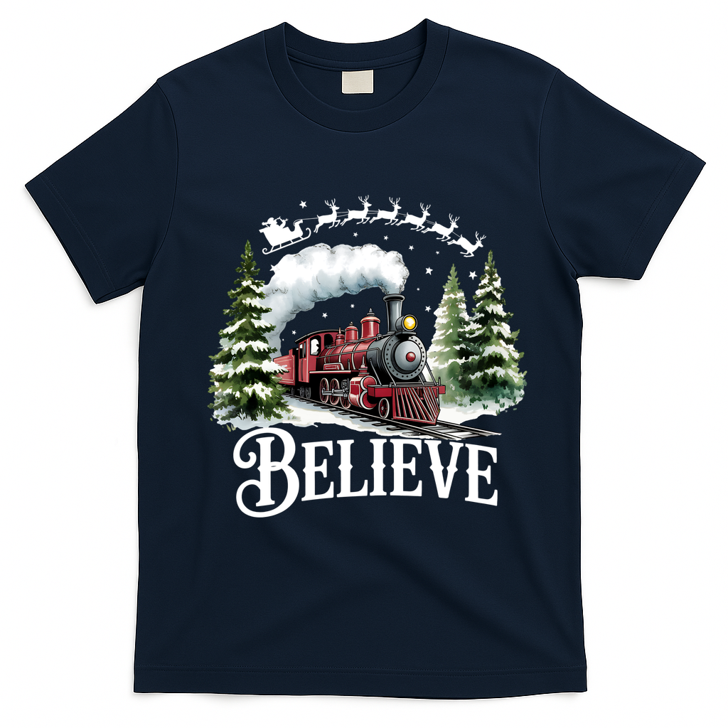 Believe North Pole Train Christmas Festive T-Shirt - Navy Blue