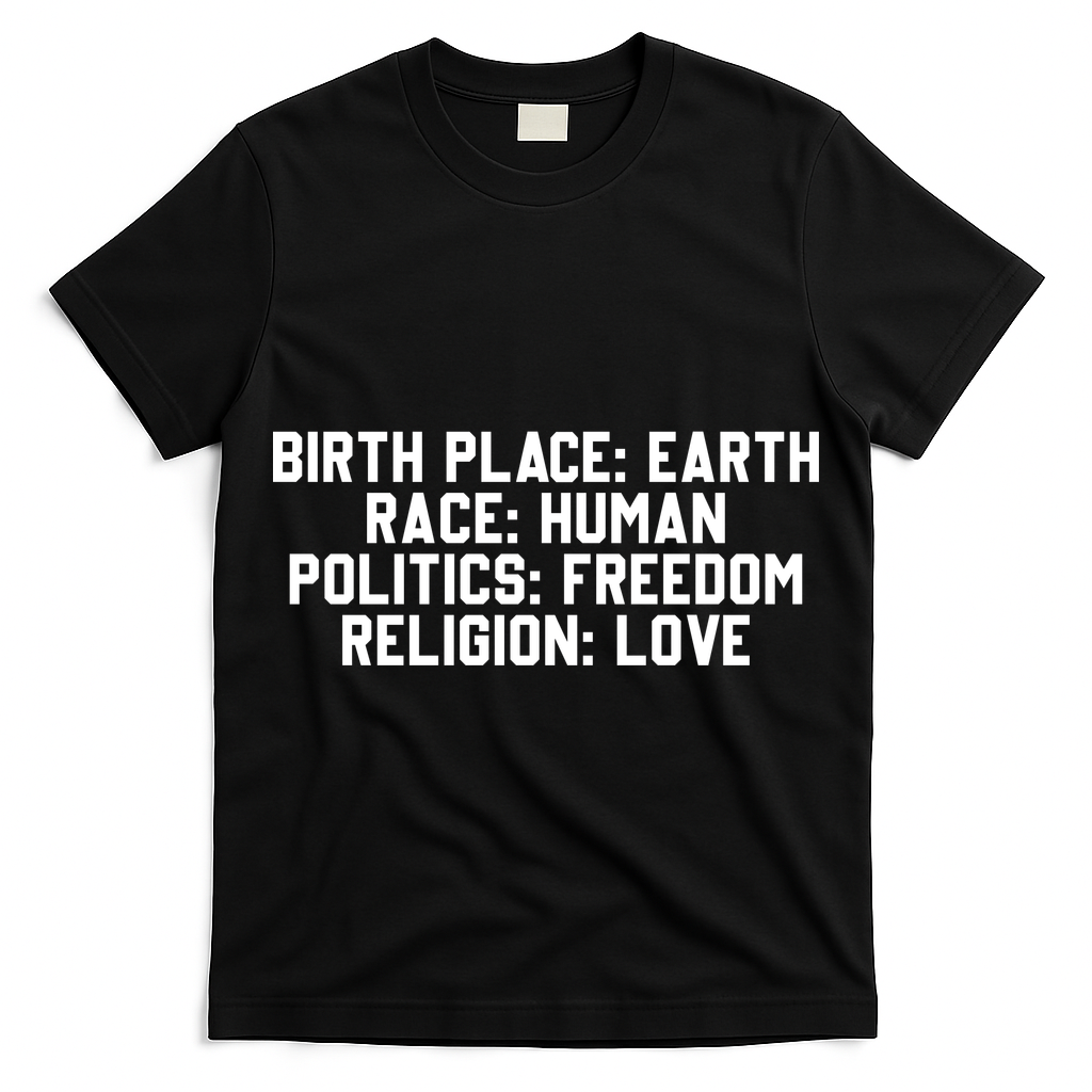 Birth Place Earth, Race Human, Politics Freedom, Religion Love T-Shirt