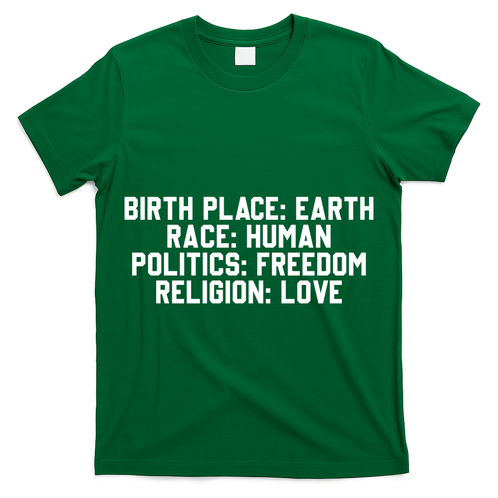 Birth Place Earth, Race Human, Politics Freedom, Religion Love T-Shirt