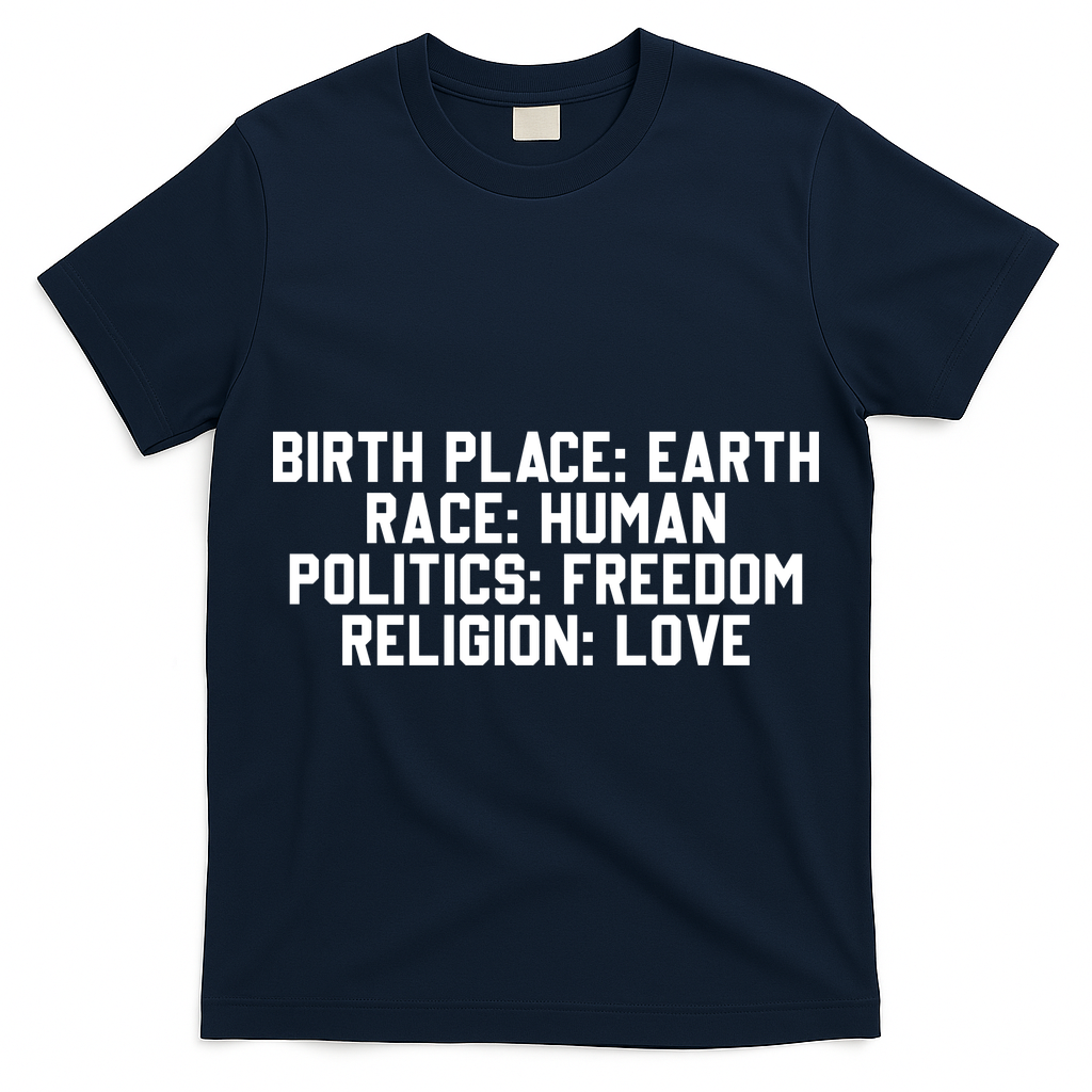 Birth Place Earth, Race Human, Politics Freedom, Religion Love T-Shirt