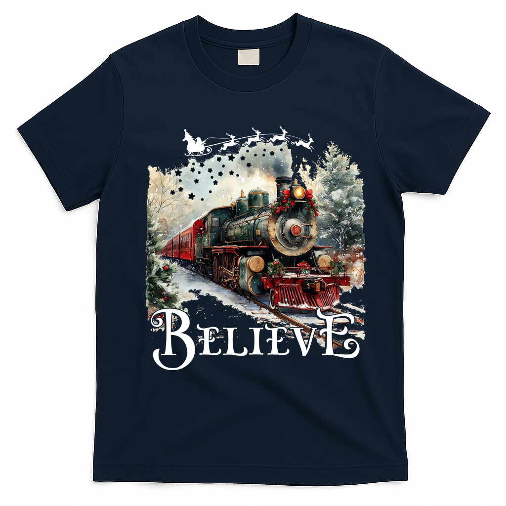 Believe Polar Express Christmas Train T-Shirt - Navy Blue