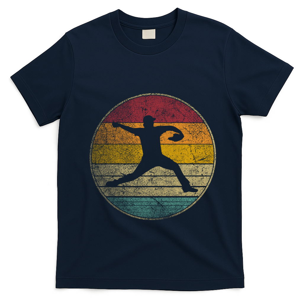 Baseball Pitcher Pitching Ball Glove Retro 70s 80s 90s Gift T-Shirt - Navy Blue