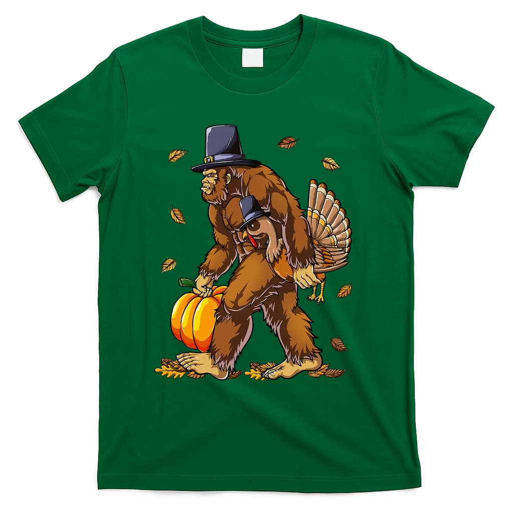 Bigfoot Pilgrim Turkey Pumpkin Thanksgiving Day T-Shirt - Green
