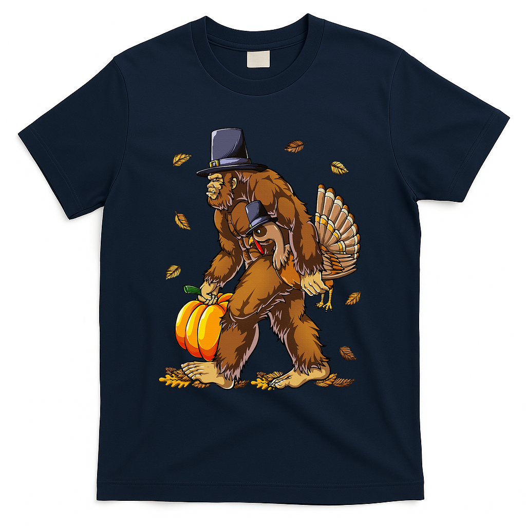 Bigfoot Pilgrim Turkey Pumpkin Thanksgiving Day T-Shirt - Navy