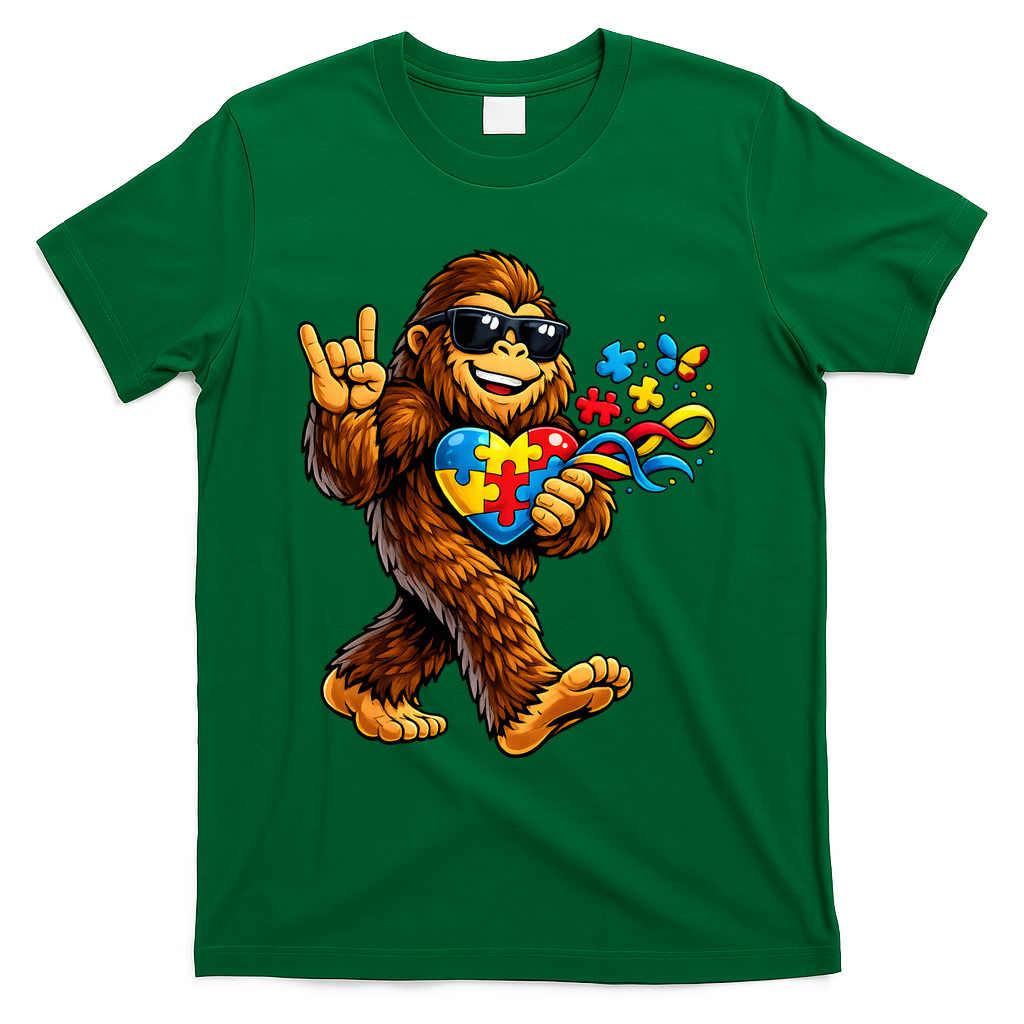 Bigfoot Rock Hand Autism Awareness Puzzle T-Shirt - Green