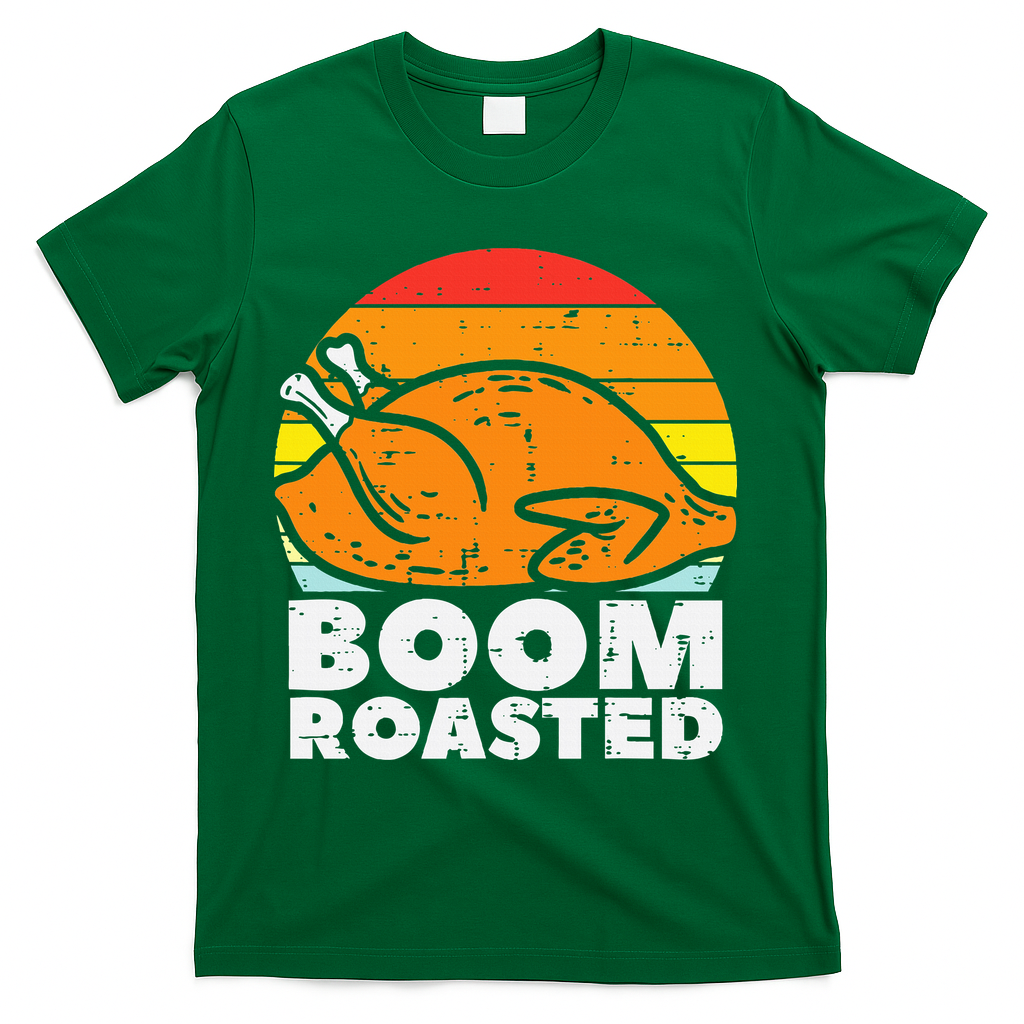 Boom Roasted Turkey Sunset Retro Thanksgiving T-Shirt - Green