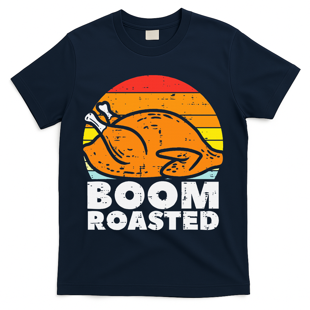 Boom Roasted Turkey Sunset Retro Thanksgiving T-Shirt - Navy