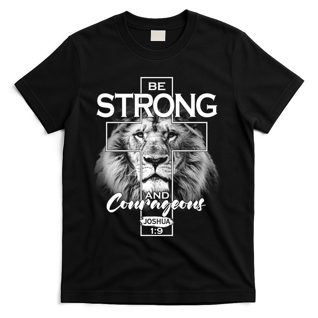 Be Strong And Courageous Joshua 1:9 Lion T-Shirt - Black