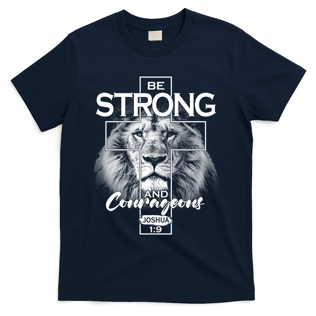 Be Strong And Courageous Joshua 1:9 Lion T-Shirt - Navy