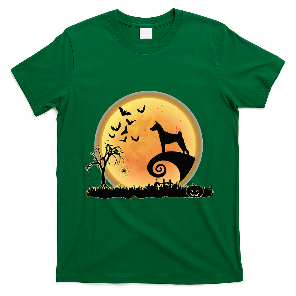 Basenji Scary And Moon Funny Dog Halloween Costume T-Shirt - Irish Green