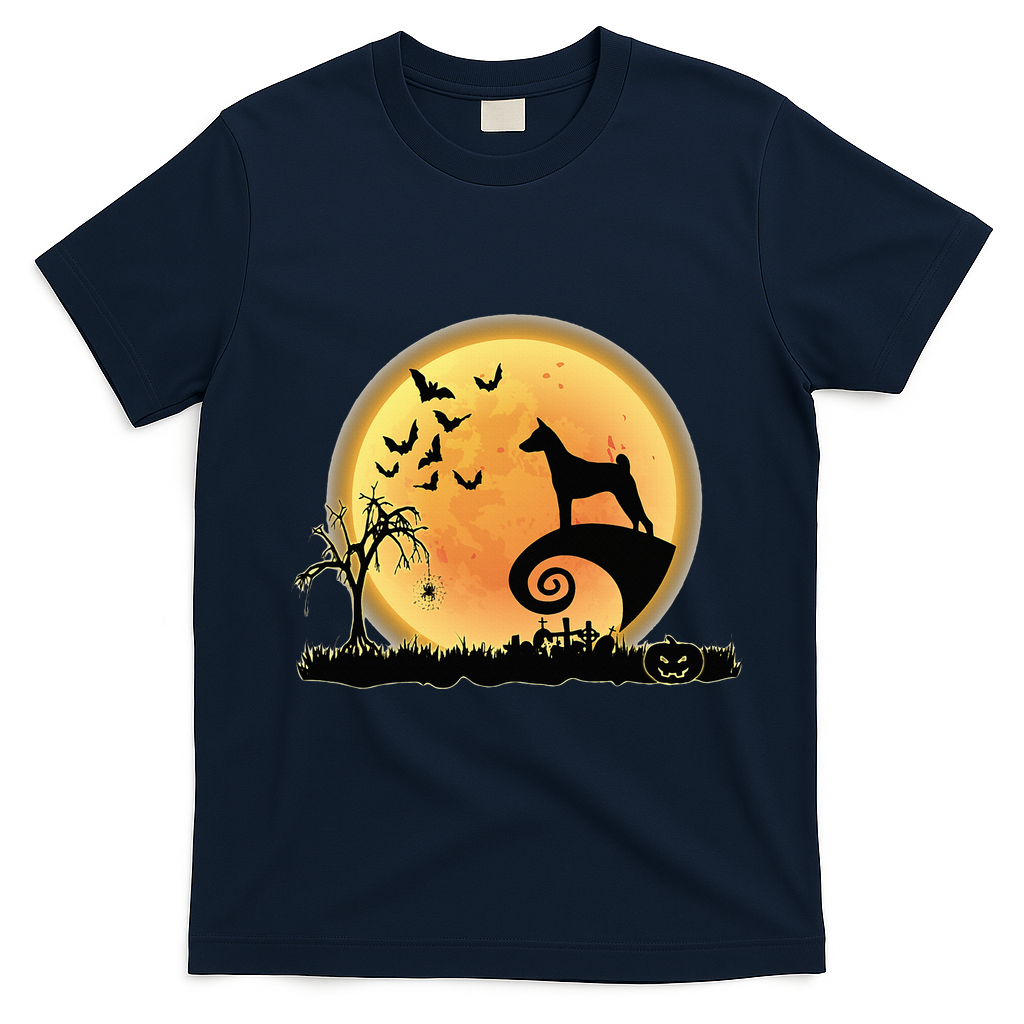 Basenji Scary And Moon Funny Dog Halloween Costume T-Shirt - Navy Blue