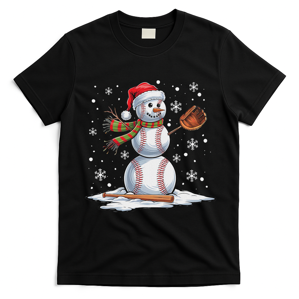 Baseball Snowman Baseball Player Santa Hat Christmas Funny T-Shirt - Black
