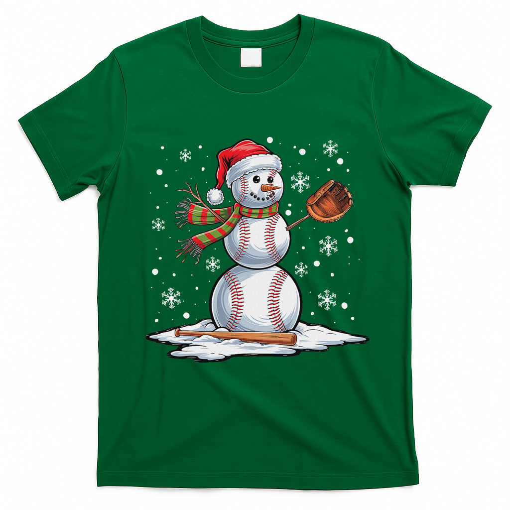 Baseball Snowman Baseball Player Santa Hat Christmas Funny T-Shirt - Irish Green