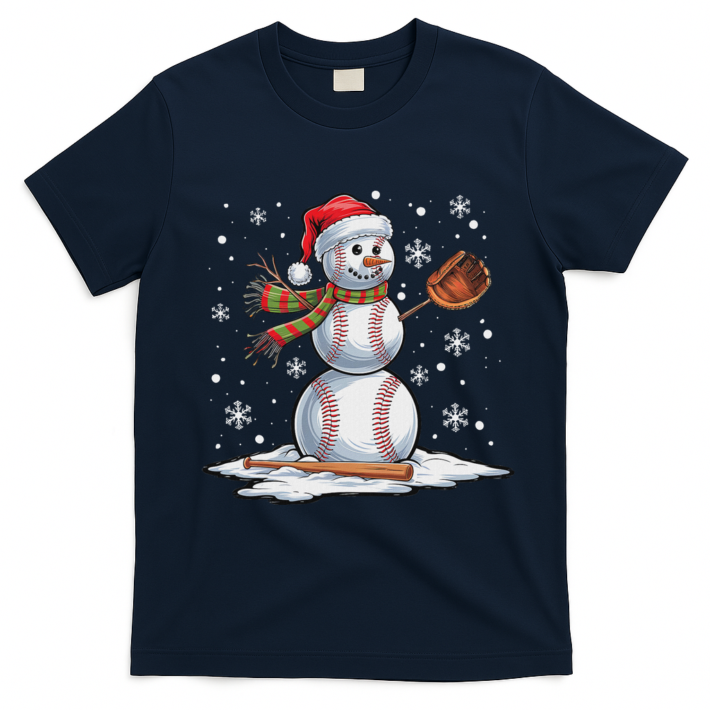 Baseball Snowman Baseball Player Santa Hat Christmas Funny T-Shirt - Navy Blue