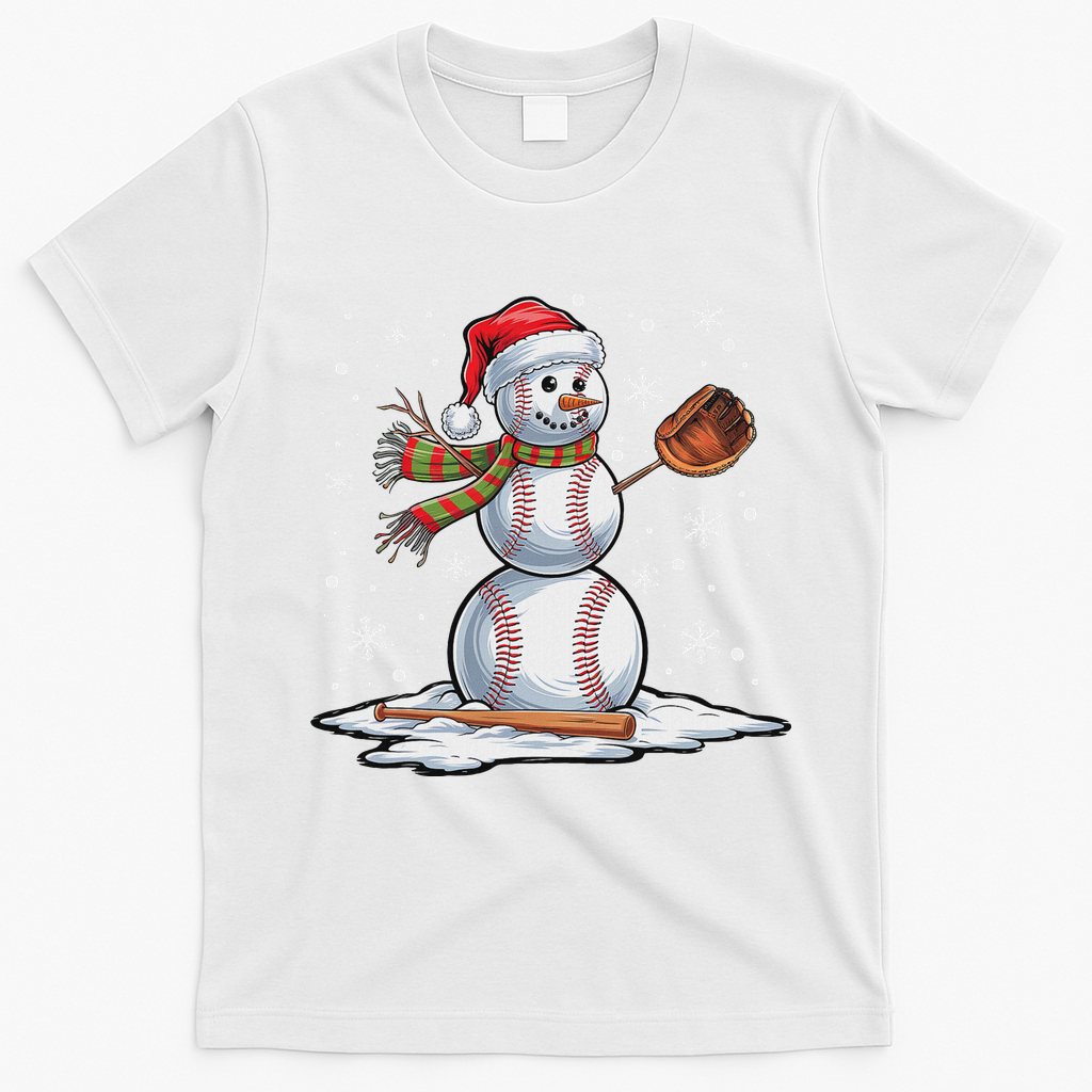 Baseball Snowman Baseball Player Santa Hat Christmas Funny T-Shirt - White
