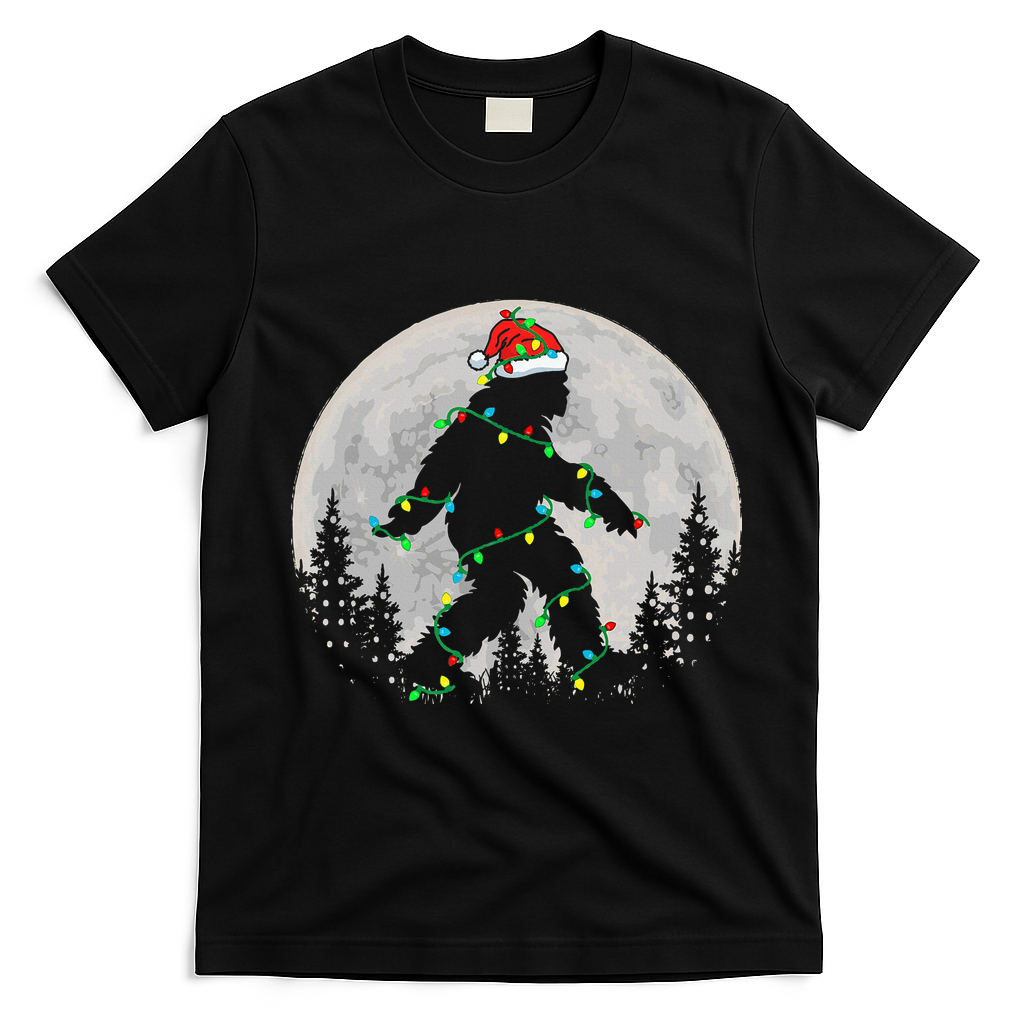 Bigfoot Santa Christmas Tree Lights Xmas Sasquatch T-Shirt - Black