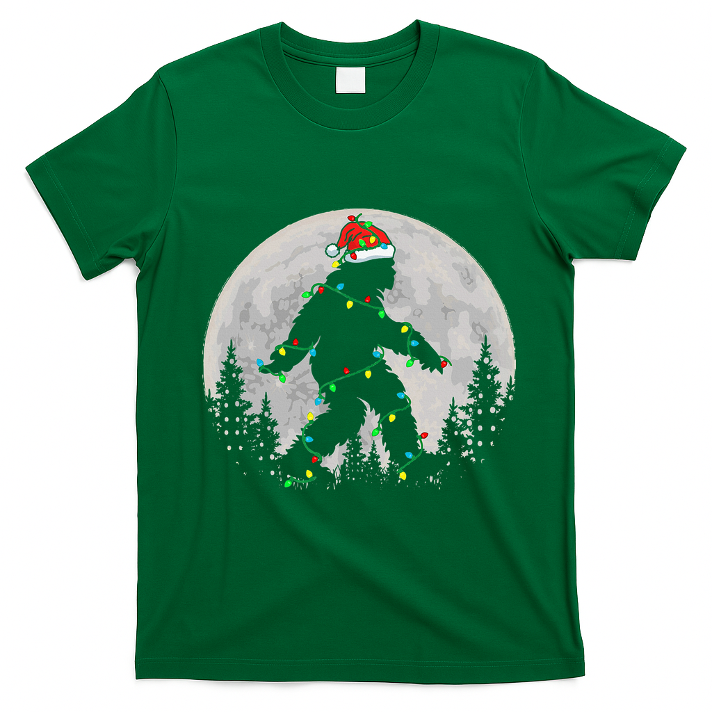 Bigfoot Santa Christmas Tree Lights Xmas Sasquatch T-Shirt - Irish Green