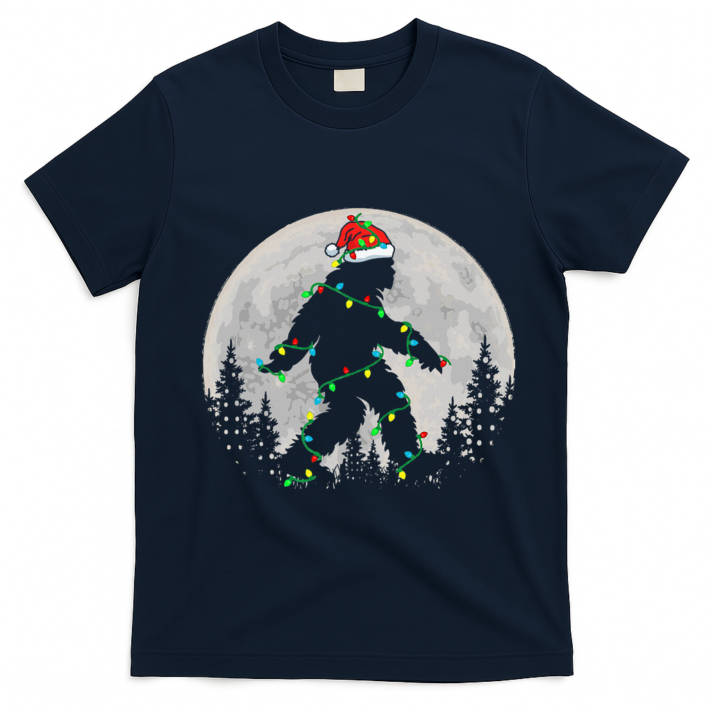 Bigfoot Santa Christmas Tree Lights Xmas Sasquatch T-Shirt - Navy Blue