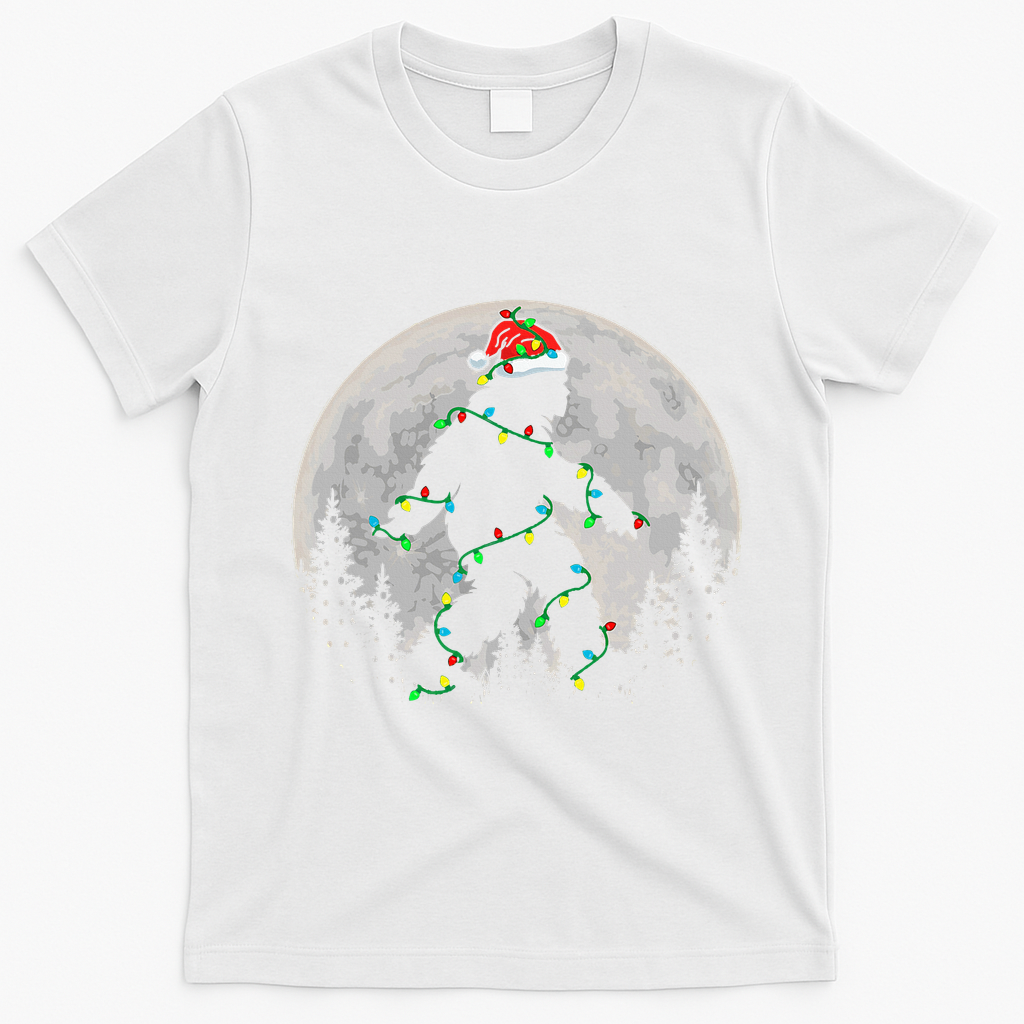 Bigfoot Santa Christmas Tree Lights Xmas Sasquatch T-Shirt - White