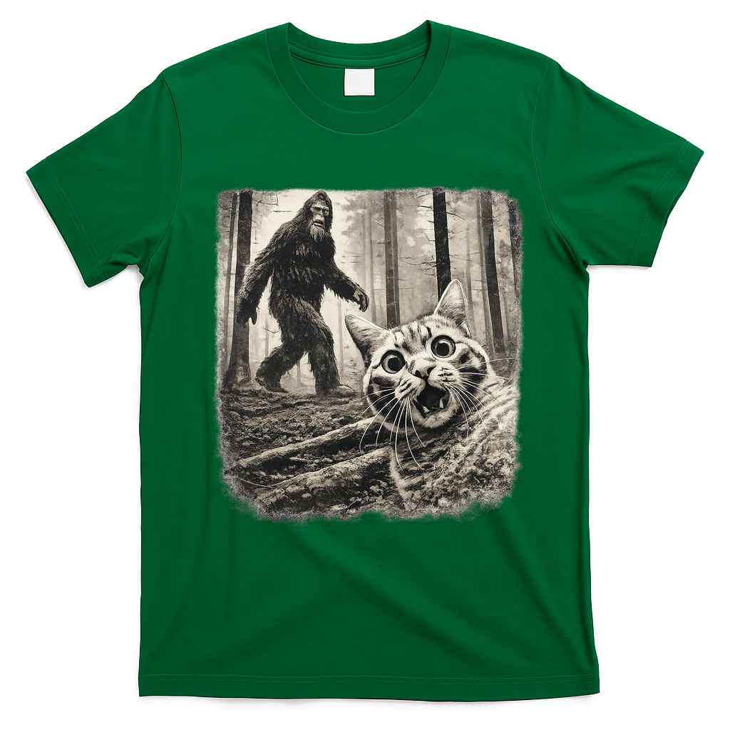 Bigfoot Sasquatch Cat Selfie Funny Meme Kitty T-Shirt - Irish Green