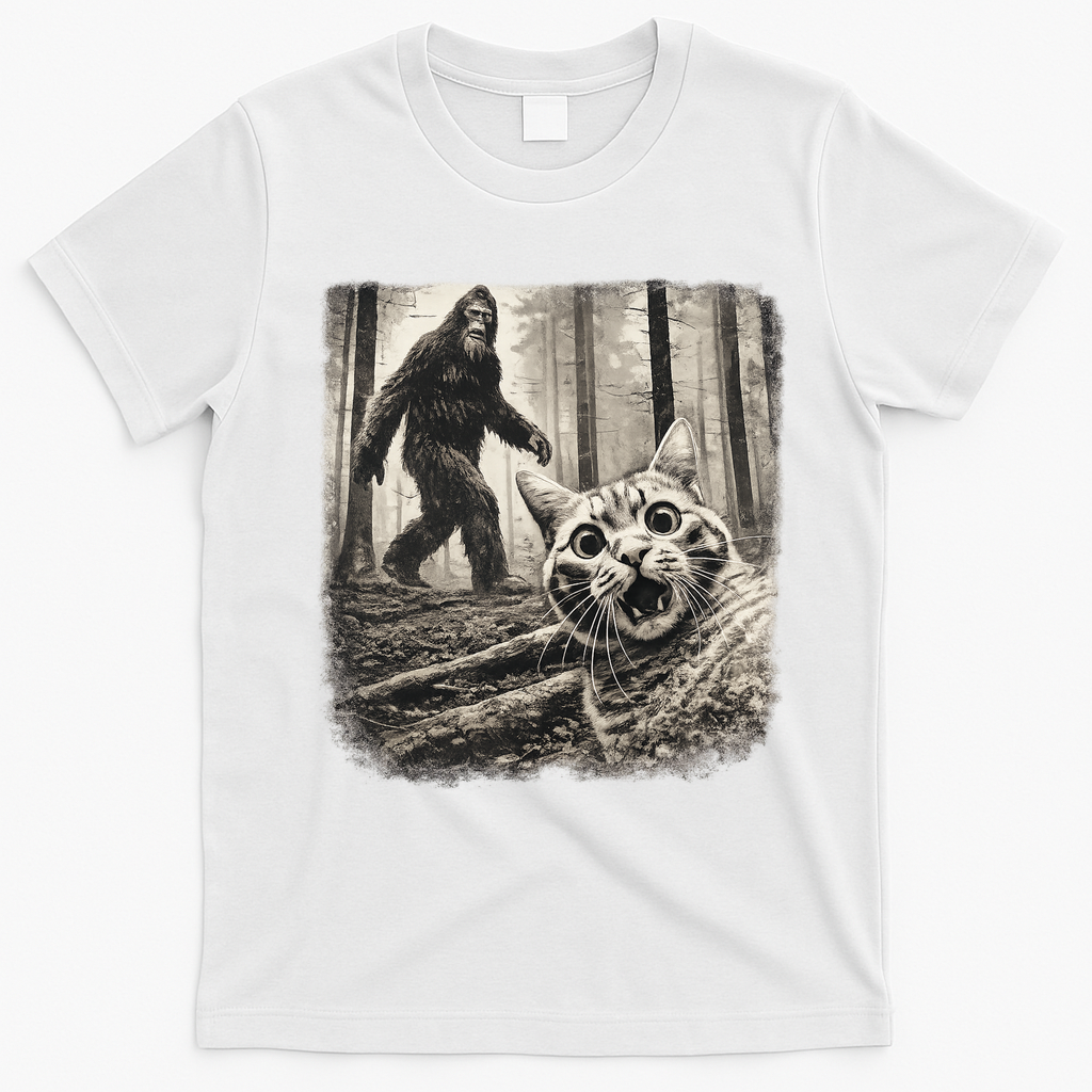 Bigfoot Sasquatch Cat Selfie Funny Meme Kitty T-Shirt - White