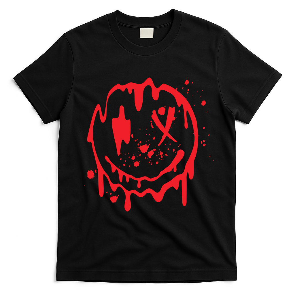 Bloody Smiling Face Splatter Graphic T-Shirt - Black