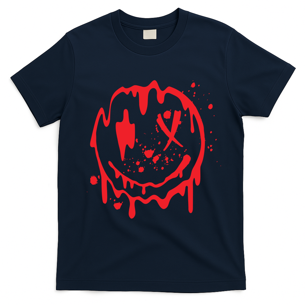 Bloody Smiling Face Splatter Graphic T-Shirt - Navy Blue