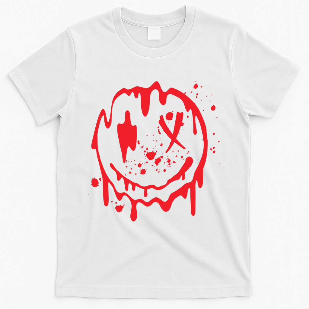 Bloody Smiling Face Splatter Graphic T-Shirt - White
