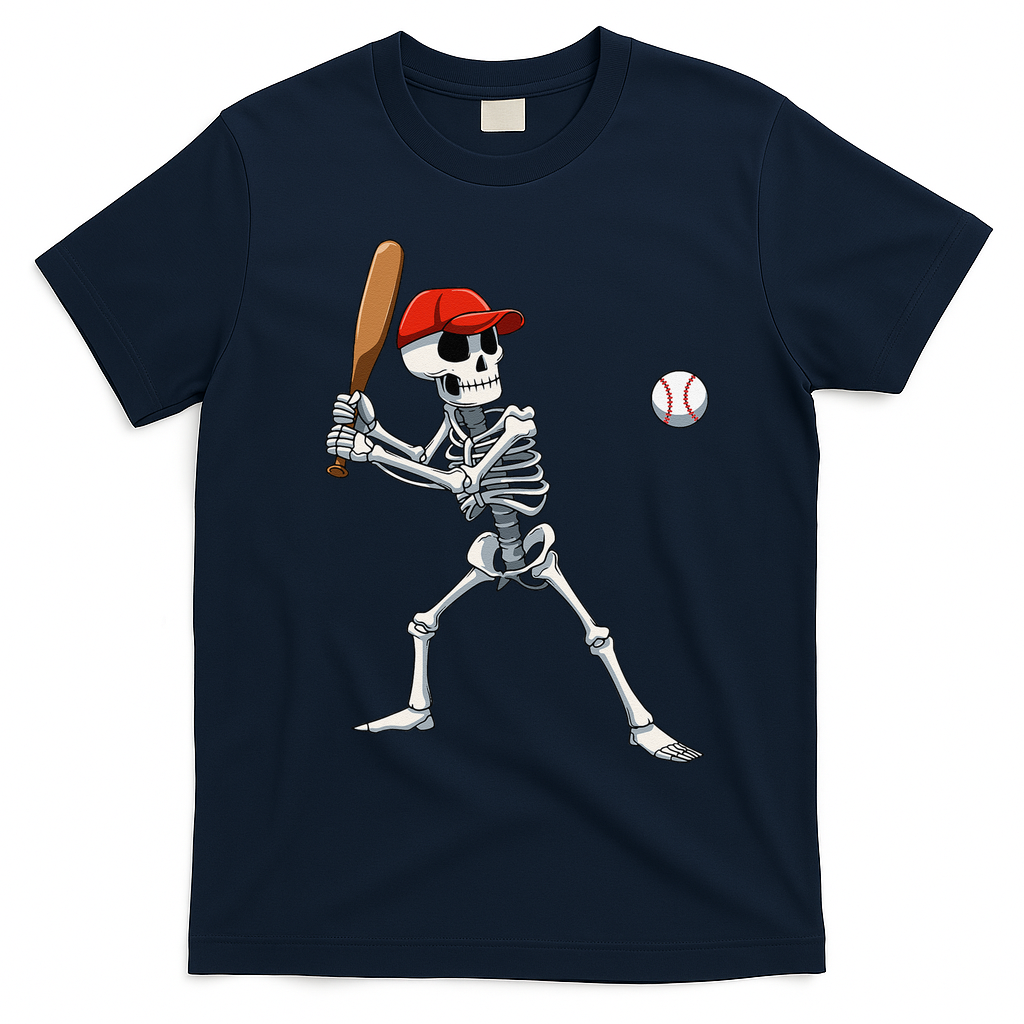Baseball Skeleton Halloween Skeleton Playing Baseball T-Shirt - Navy Blue