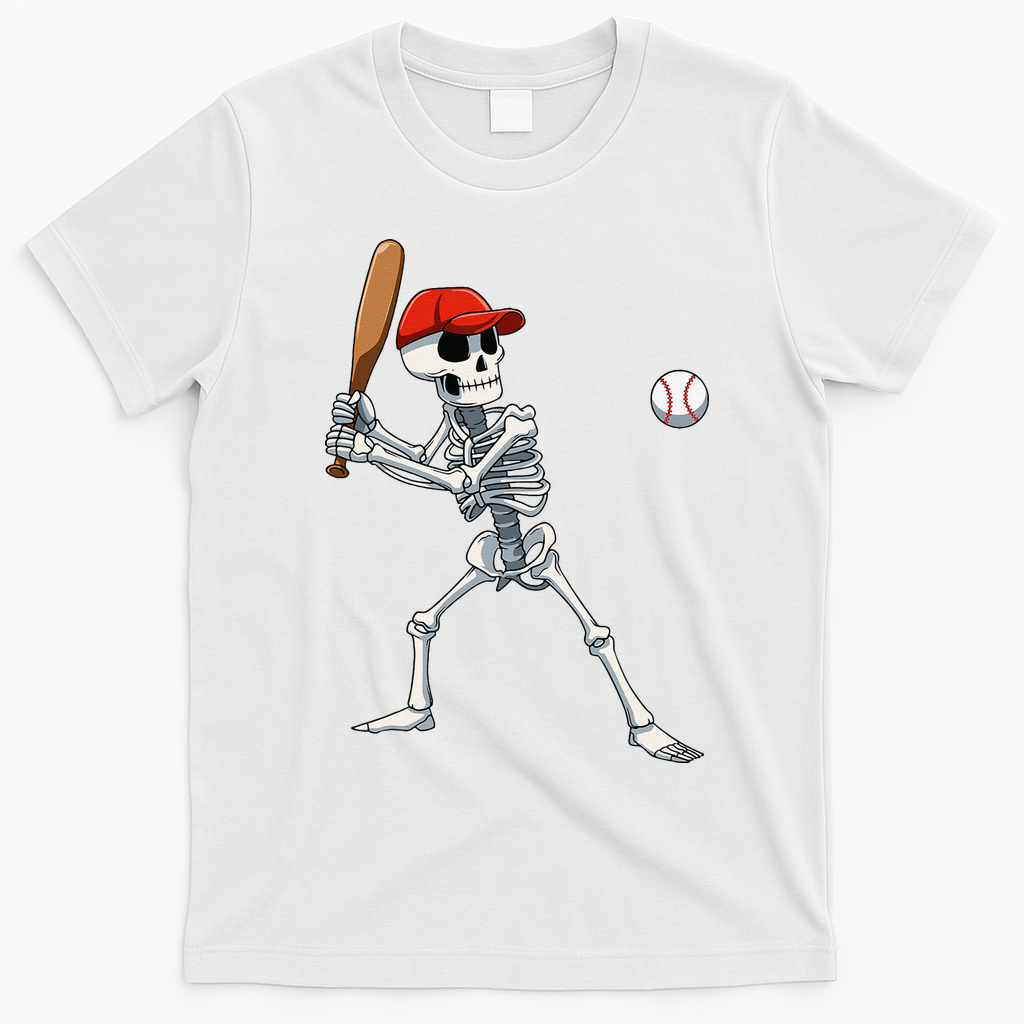 Baseball Skeleton Halloween Skeleton Playing Baseball T-Shirt - White