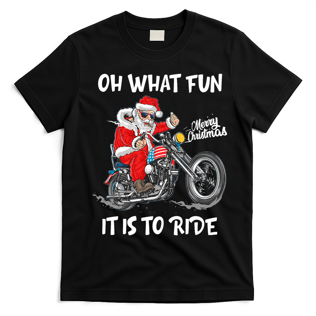 Biker Santa Motorcycle Fan Merry Christmas Xmas Holidays T-Shirt - Black