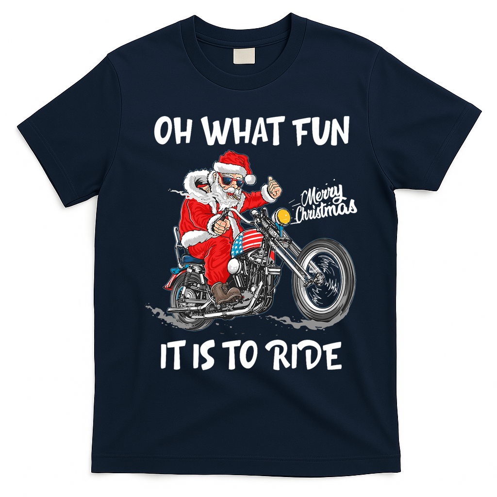 Biker Santa Motorcycle Fan Merry Christmas Xmas Holidays T-Shirt - Navy Blue