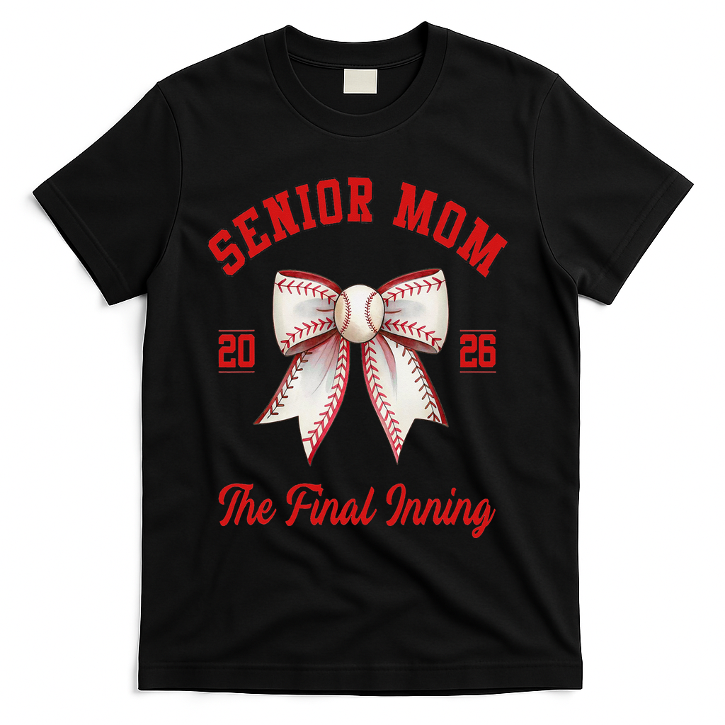 Baseball Senior Mom Coquette Bow Class Of 2026 Final Inning T-Shirt - Black