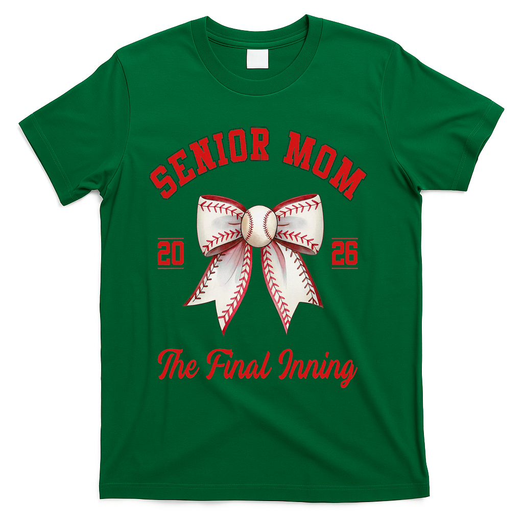 Baseball Senior Mom Coquette Bow Class Of 2026 Final Inning T-Shirt - Green