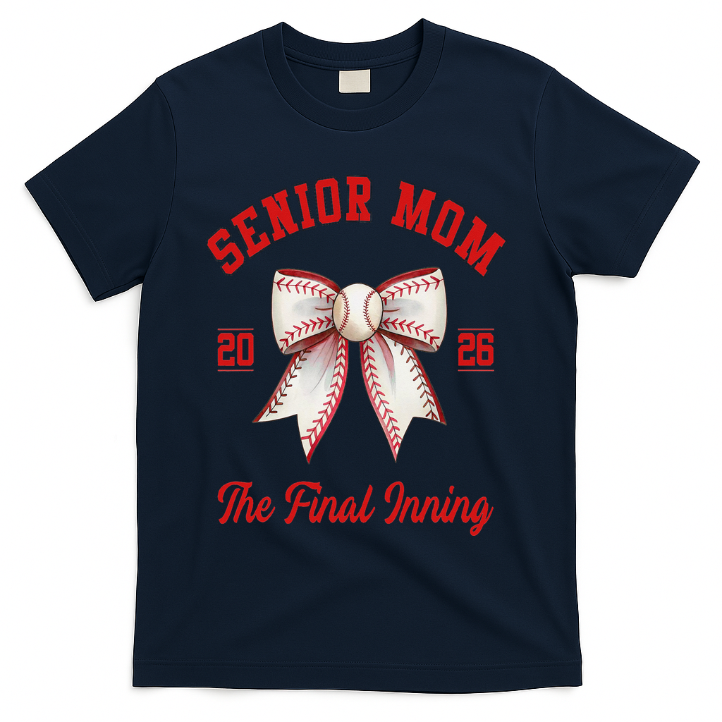 Baseball Senior Mom Coquette Bow Class Of 2026 Final Inning T-Shirt - Navy