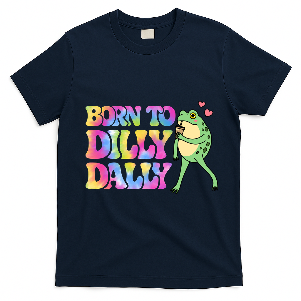 Born To Dilly Dally Playful Frog Fun T-Shirt - Navy Blue