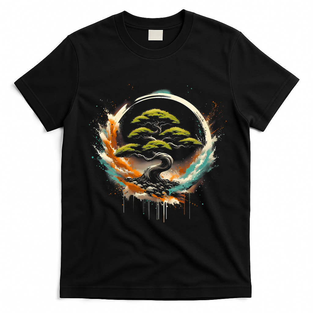 Bonsai Tree In Japanese Zen Buddhist Enso Circle Christmas T-Shirt - Black
