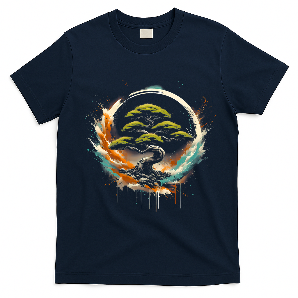 Bonsai Tree In Japanese Zen Buddhist Enso Circle Christmas T-Shirt - Navy Blue