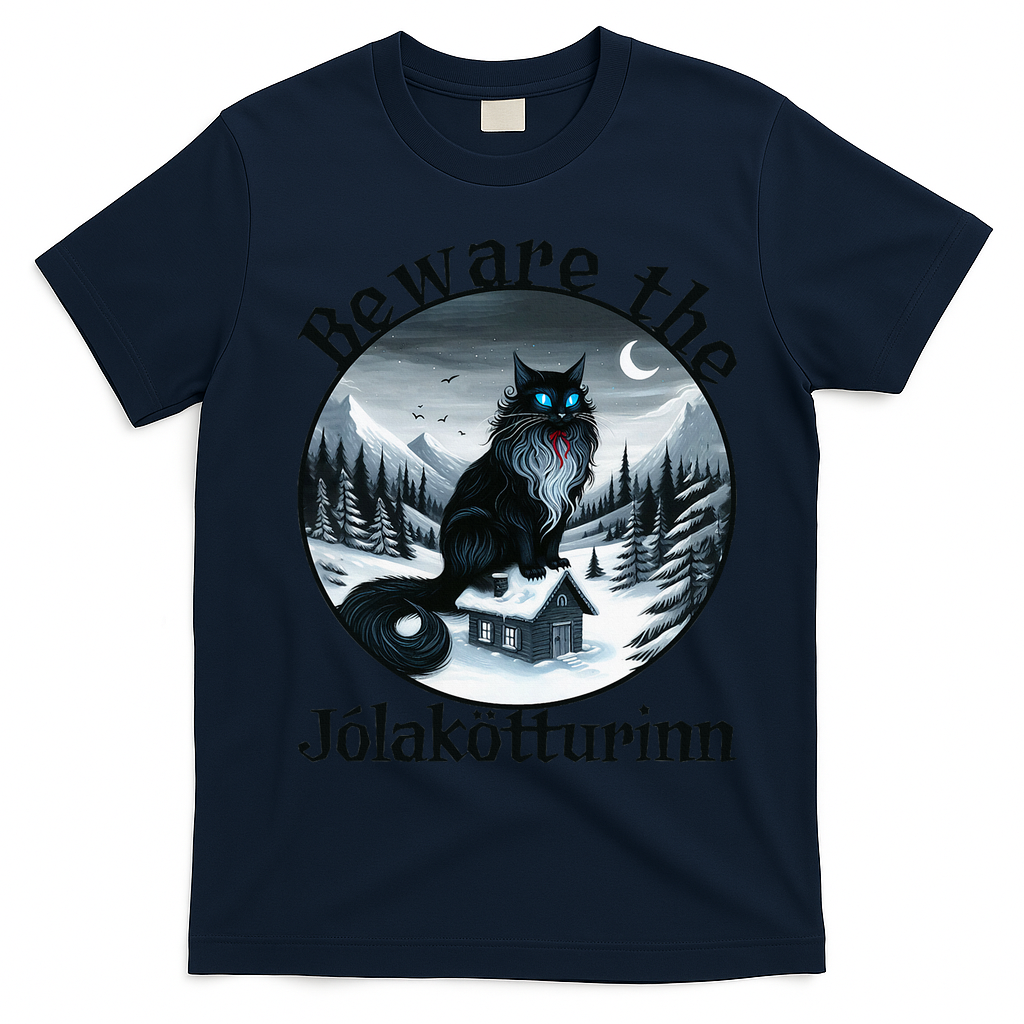 Beware The Jolakotturinn Yule Cat Icelandic Christmas Norse T-Shirt - Navy Blue