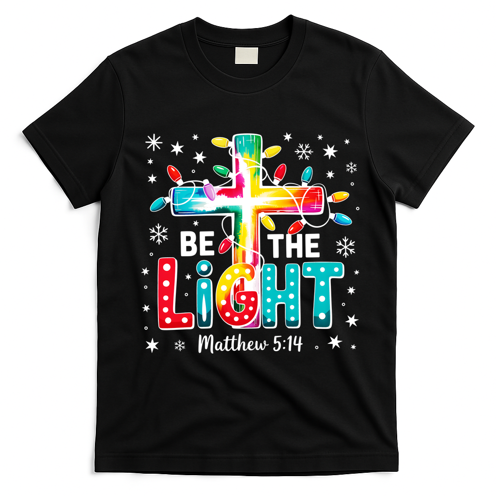 Be The Light, Christmas Lights Cross T-Shirt - Black