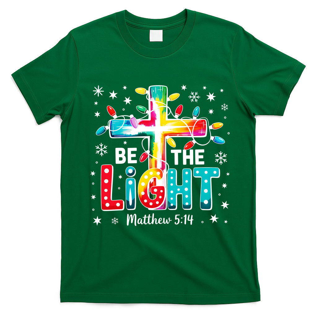 Be The Light, Christmas Lights Cross T-Shirt - Irish Green