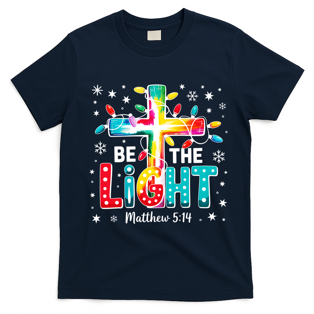 Be The Light, Christmas Lights Cross T-Shirt - Navy Blue