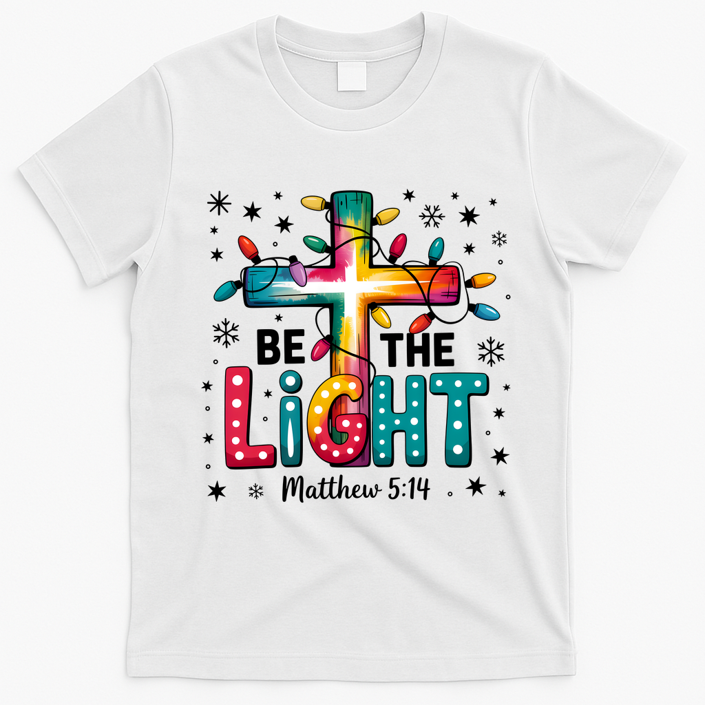 Be The Light, Christmas Lights Cross T-Shirt - White