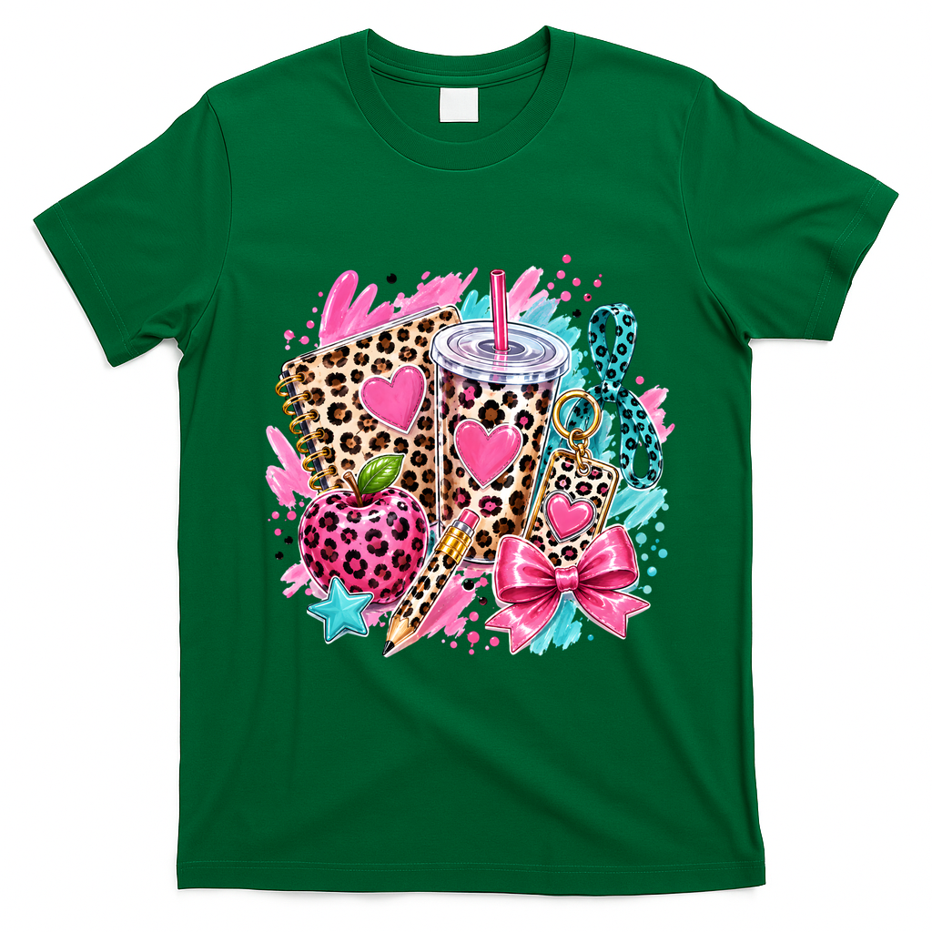 Back To School Leopard Print Cute School Supplies T-Shirt - Irish Green