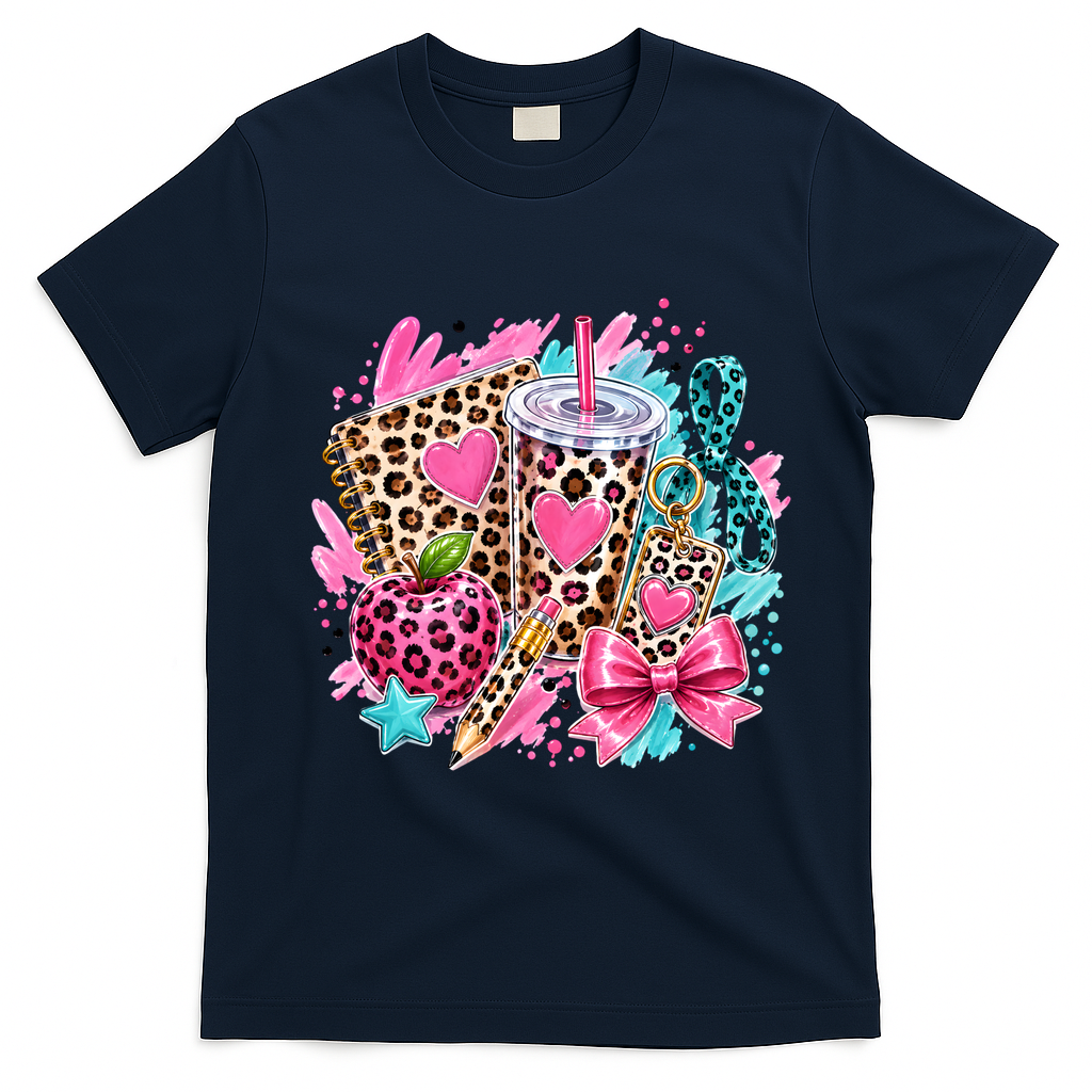 Back To School Leopard Print Cute School Supplies T-Shirt - Navy Blue