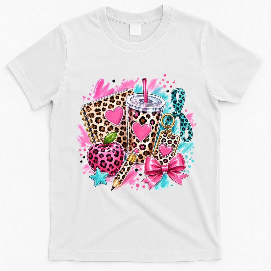 Back To School Leopard Print Cute School Supplies T-Shirt - White