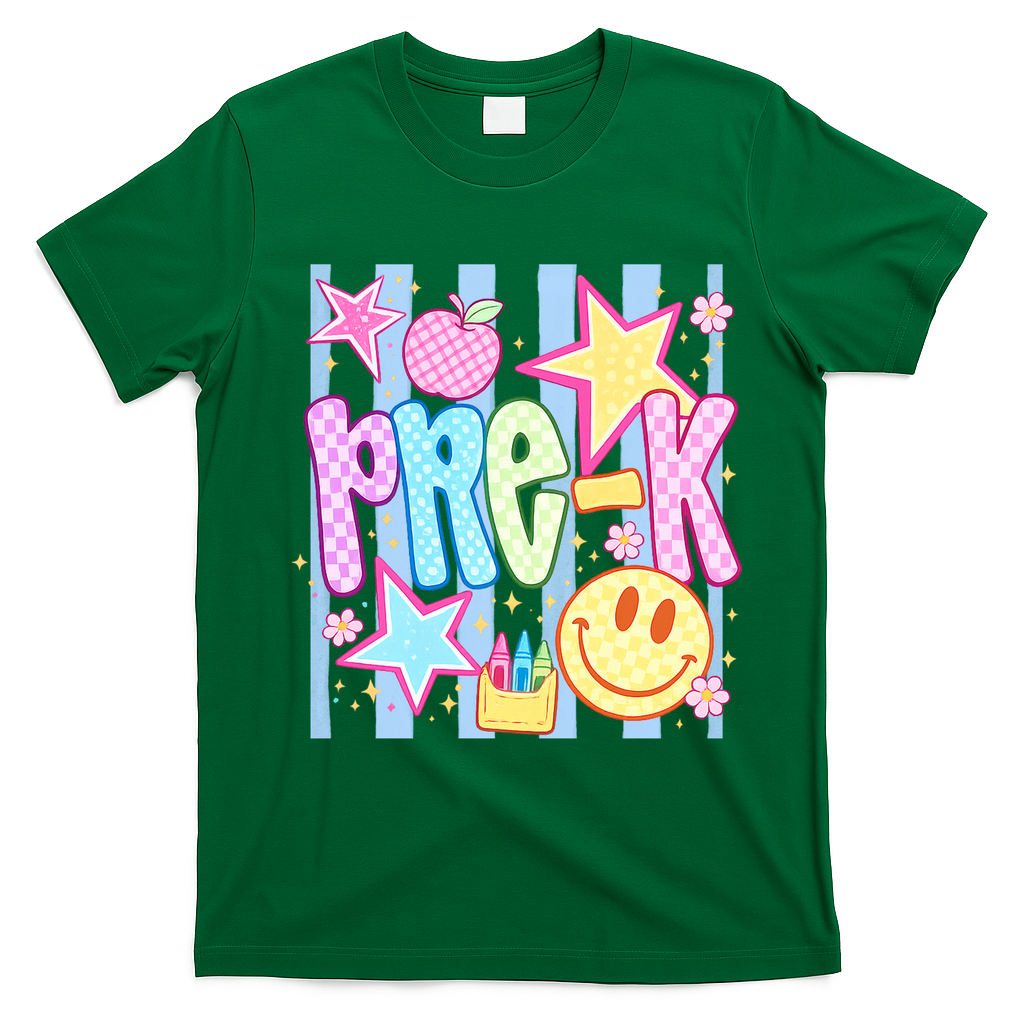 Back To School Colorful Pre K Checkered Teacher  T-Shirt - Irish Green