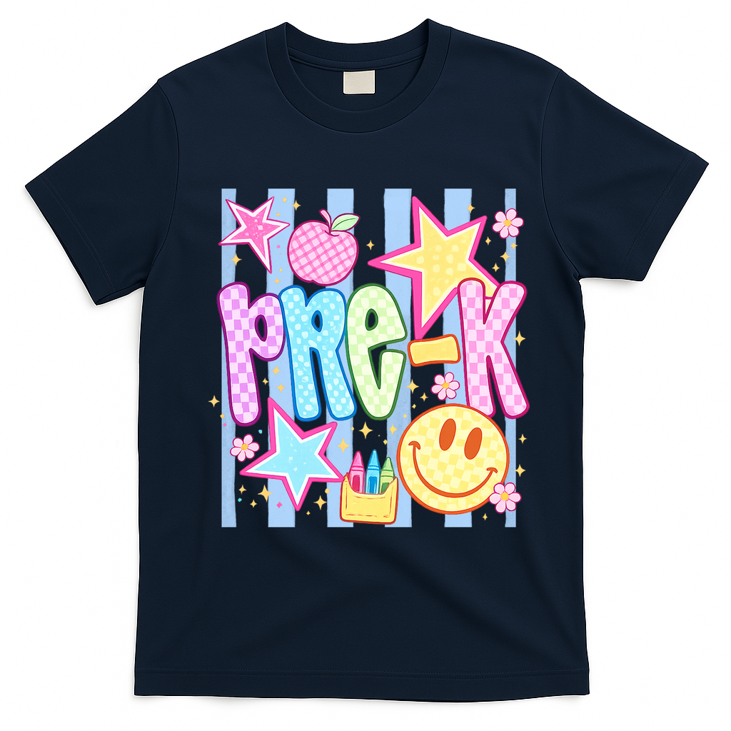 Back To School Colorful Pre K Checkered Teacher  T-Shirt - Navy Blue